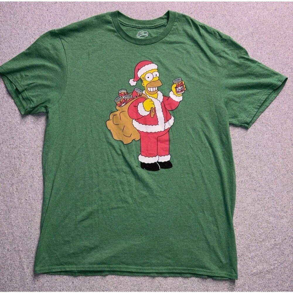The Simpsons Santa Homer Duff Beer Christmas T-Shirt Men's L Green Heather